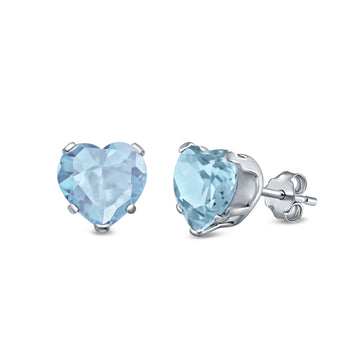 Heart Stud Earrings Simulated Aquamarine CZ 925 Sterling Silver (4mm-8mm)